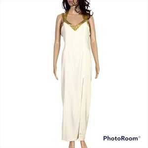 Cache evening ivory with gold beads maxi gown 10
